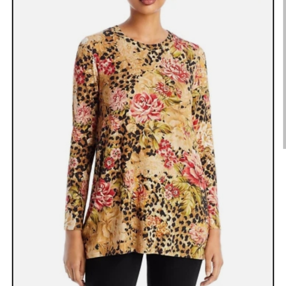 Johnny Was Vintage Rose Swing Tunic top Floral Leopard Print Long Sleeve Small